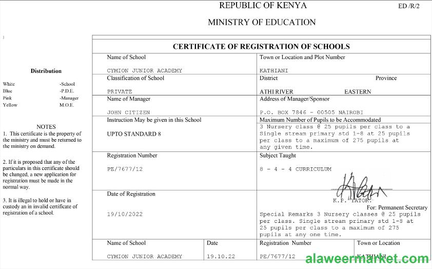 Kenya certificate of registration of schools